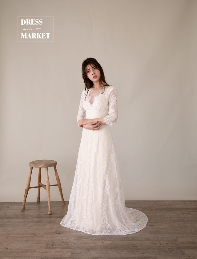 【3営業日以内に発送】￥39,800（税別）ウェディングドレス ドレス購入 結婚式 披露宴 二次会 スレンダードレス レース 袖あり アイボリー *DM100016