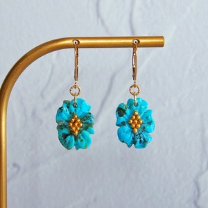 ターコイズ　フラワーカービング　ピアス　14kgf