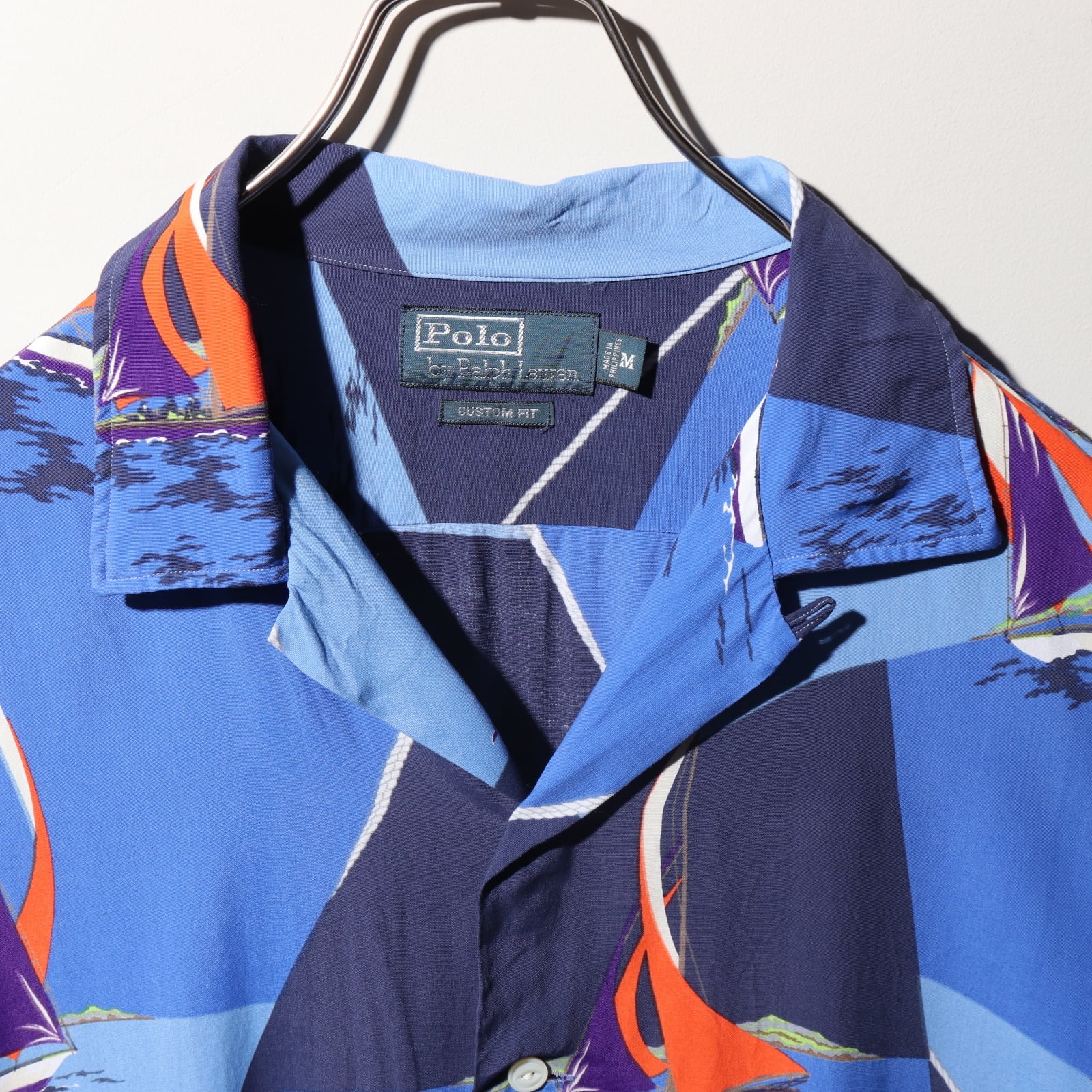 美品 M レーヨン 総柄 ポロラルフローレン 半袖開襟シャツ ヨット 青  