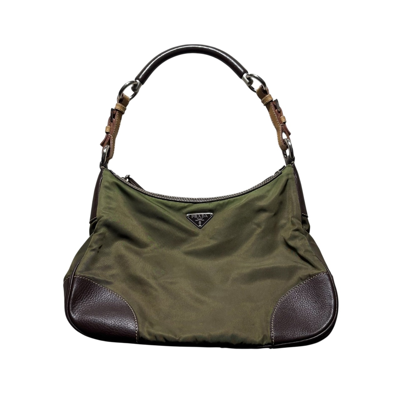 PRADA khaki nylon one shoulder bag with leather strap