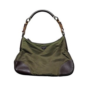 PRADA khaki nylon one shoulder bag with leather strap