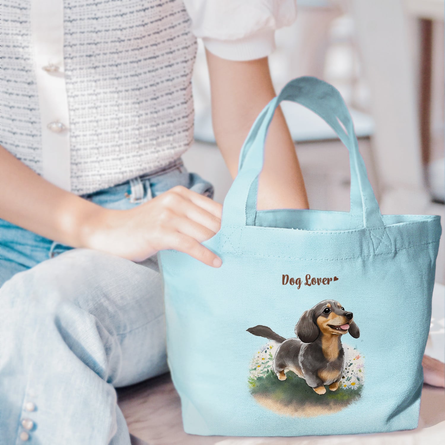 自然に囲まれた ダックスフンド 】 ミニキャンバス トートバッグ 犬