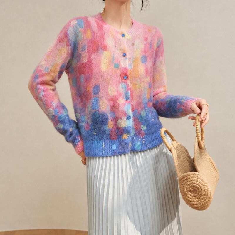 ●Pink & Blue Sunset Watercolor Knit Cardigan S0254