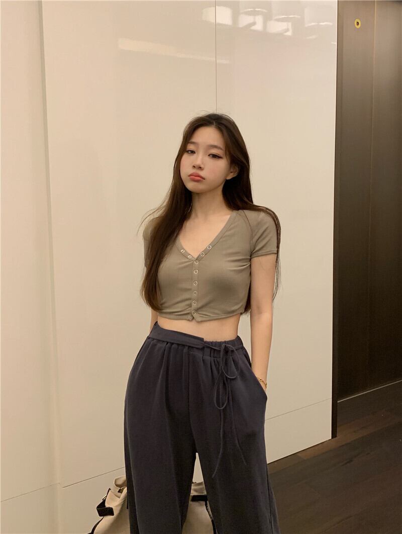 ウェストショートクロップドVネックTシャツ レディースサマー薄手スリムトップス 夏物 ブラックストロベリース81184474363