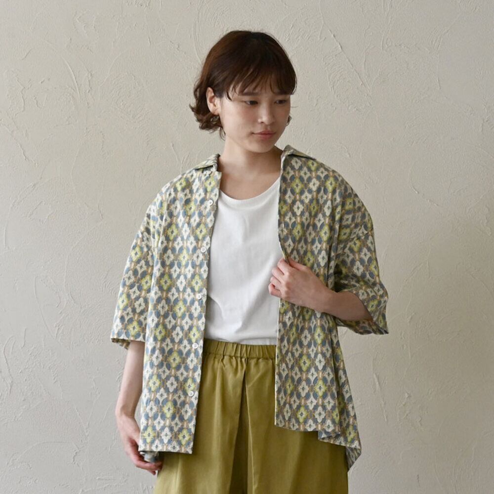 【シサム工房】タイルプリント半袖シャツ(ライム メンズM)