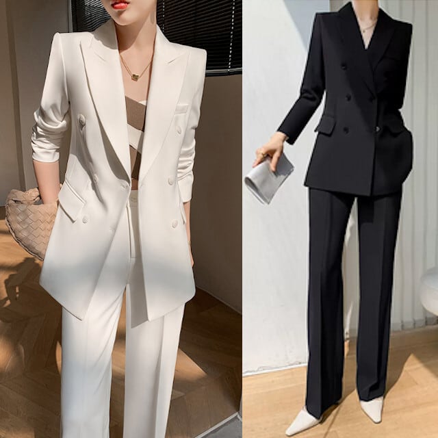 セットアップ レディース スーツ フォーマル リクルート 仕事着 オフィス スリム ハンサム こなれ感 おしゃれ シンプル ベーシック ジャケット パンツ ブラック/ホワイト サイズ展開豊富 春秋 S/M/L/XL/2XL