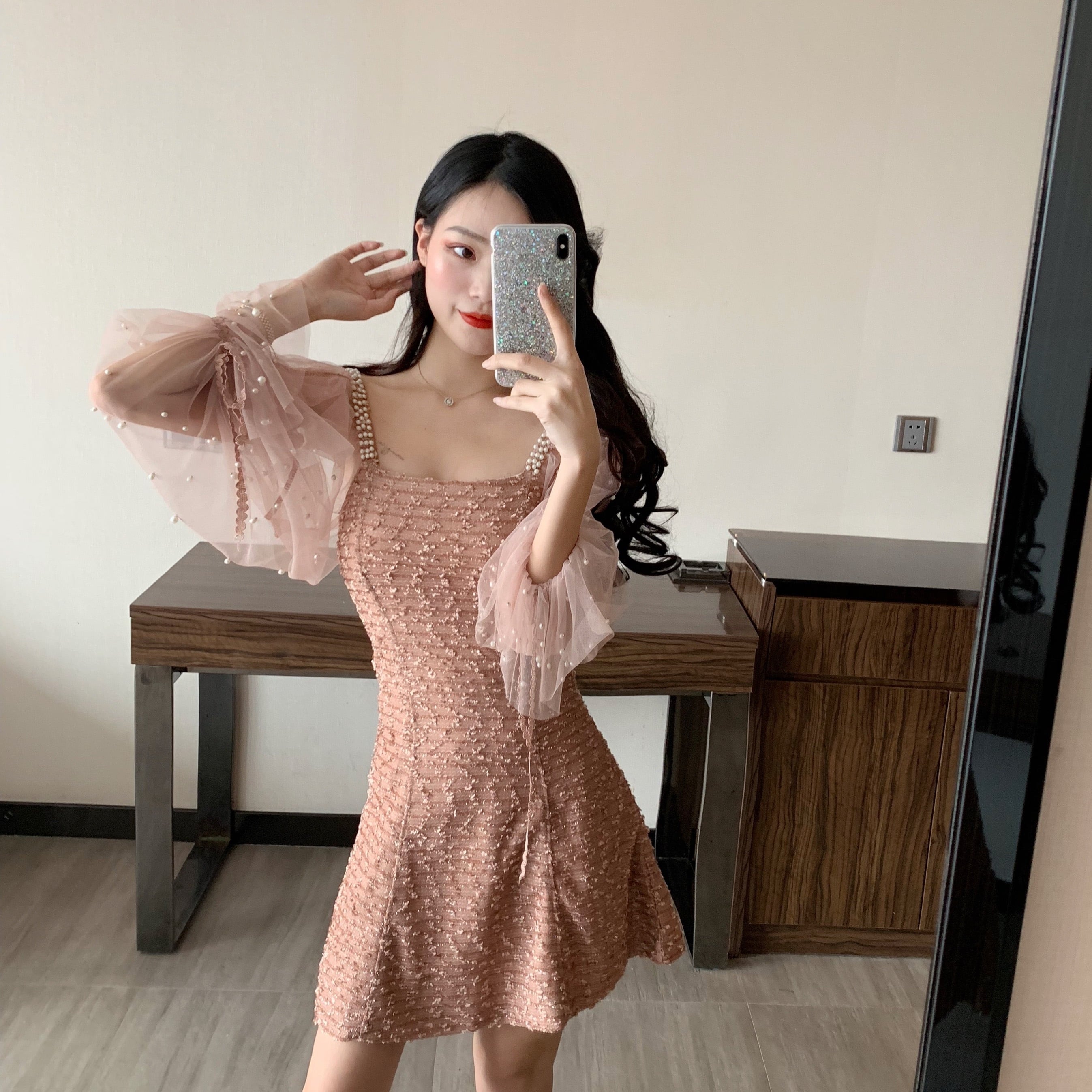 スクエアネック✖️パール付ツイードフレアドレスL スクエアネック✖️パール付ツイードフレアドレスL