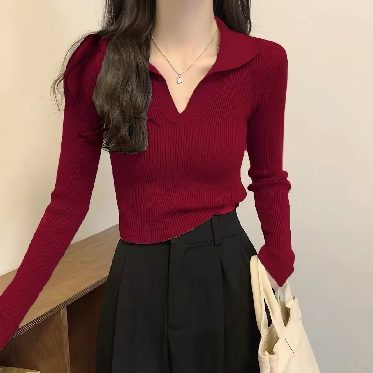 Korean-Style Polo Neck Cropped Knit Top