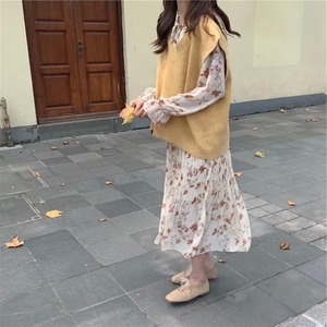 セットアップ ワンピース ベスト レディース 2点セット ミモレ丈 ワンピ 上下セット 花柄ワンピース ニット 透け感 きれいめ 上品 カジュアル 長袖 韓国 大きいサイズ 通勤 通学
