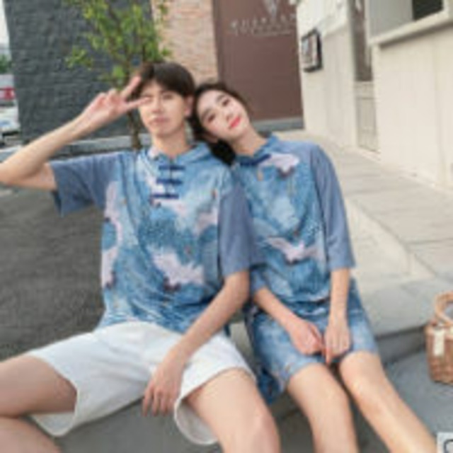 トップス セットアップ Tシャツ 半袖 ペア チャイナ風 ノーカラー 