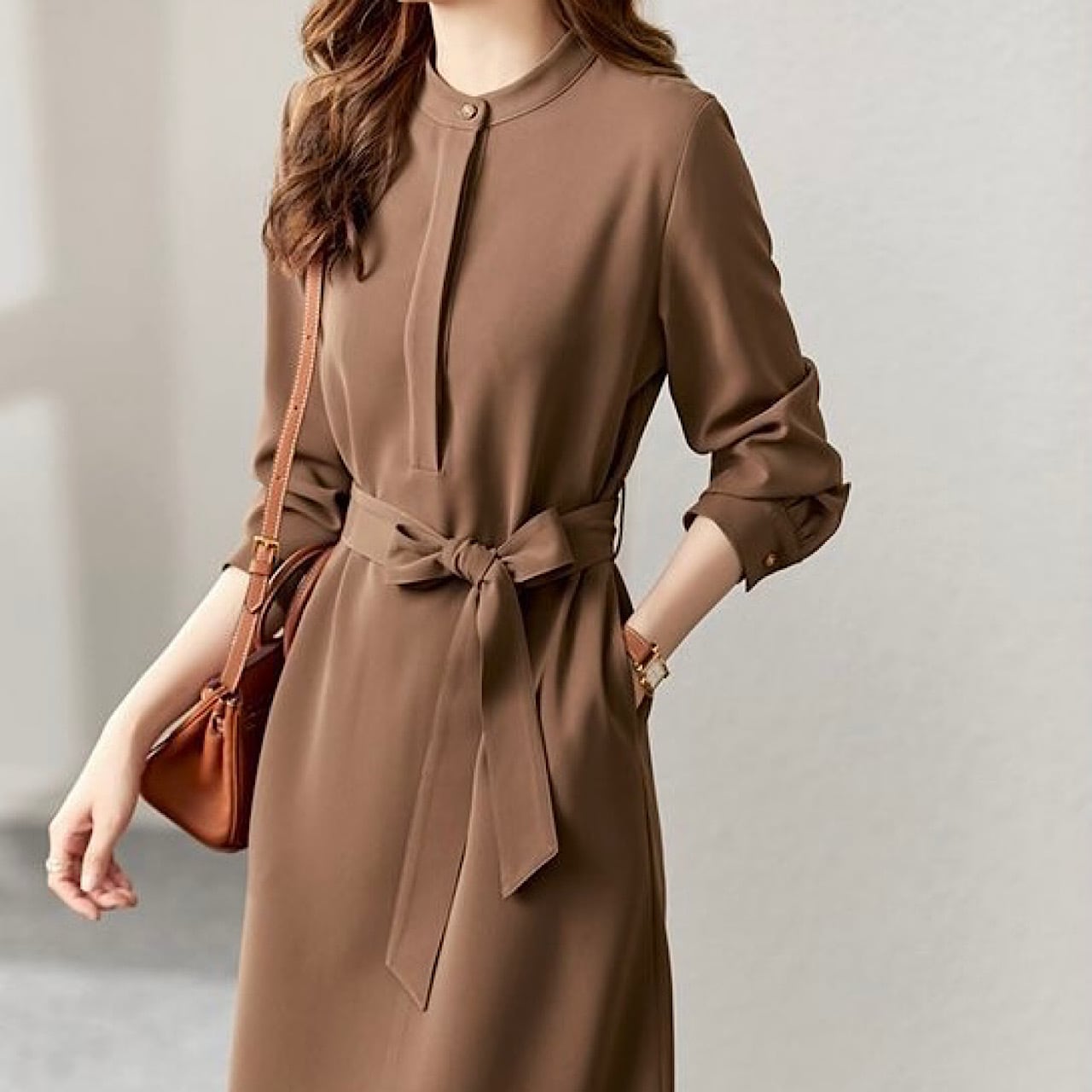 エレガントな通勤 ランタンスリーブ ウエストドレス YH8464