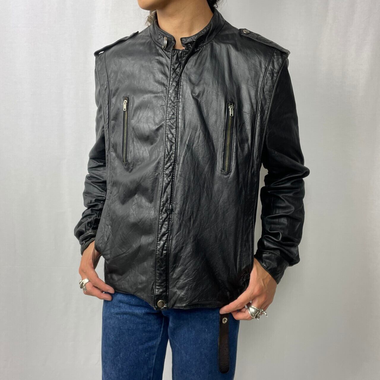 80年代〜 デザイン レザー シングルライダースジャケット メンズM-L 