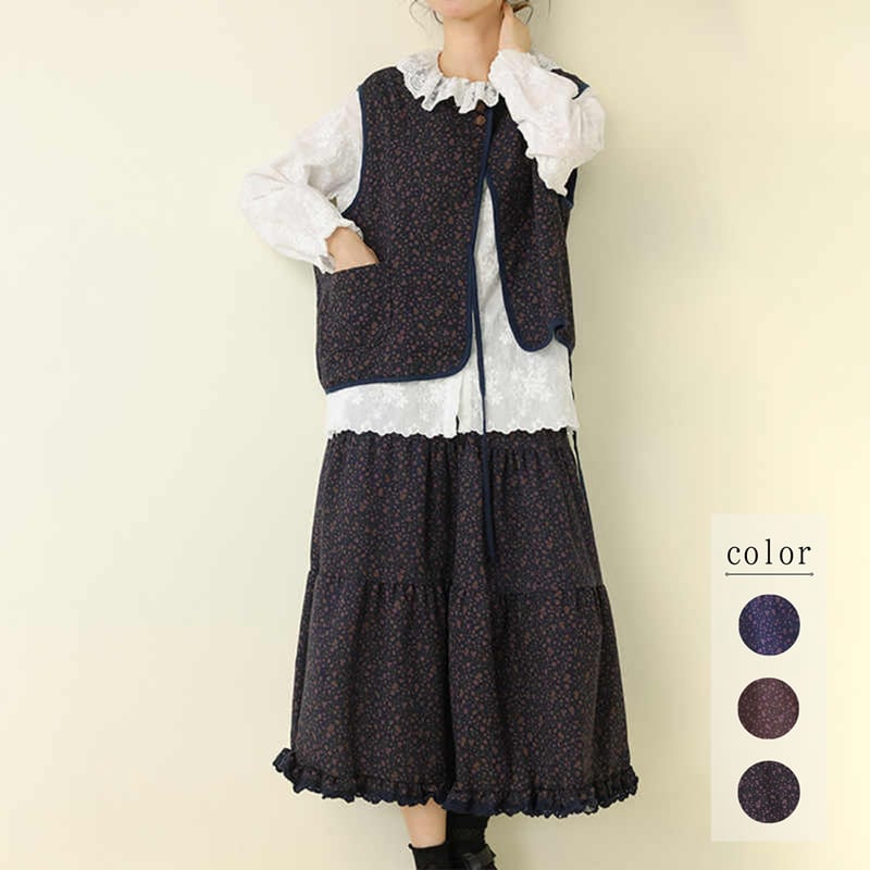 レトロ花柄ベスト&ケーキスカートセット W1523