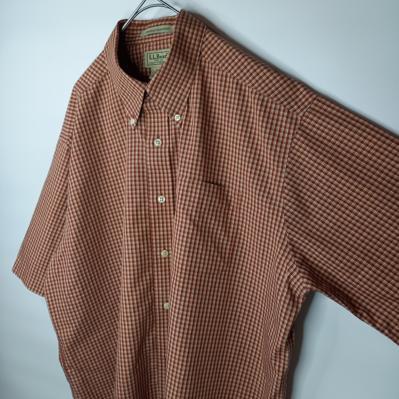 エルエルビーン　防シワ　BDシャツ　半袖　チェック　オーバーサイズ　赤茶　L
