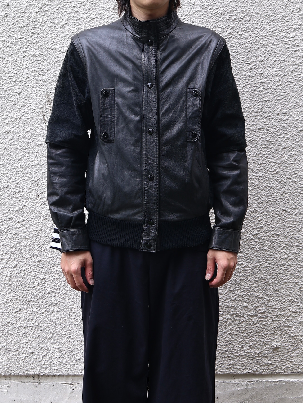 material switching leather blouson