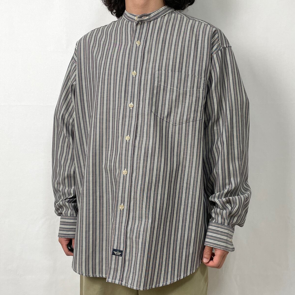 90s DOCKERS バンドカラーシャツ ストライプ 古着 ヴィンテージ ノー 