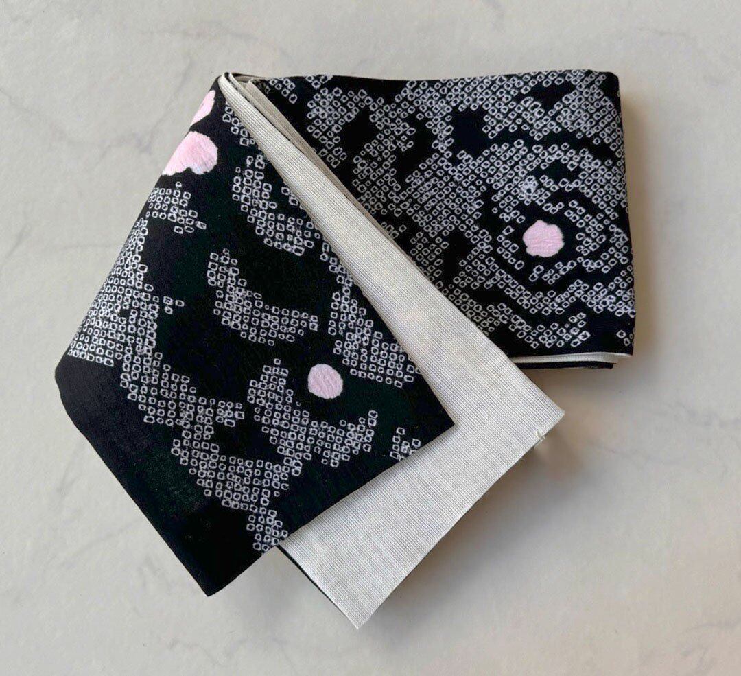 【半幅帯】黒色×白色 抽象文 手絞り半幅帯 240821⑯