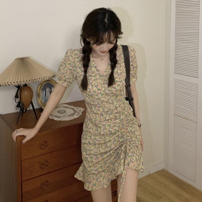 ショートドレス サマー薄手スタンダードウェストAラインフローラルスカート レトロ 夏物 花柄 1号婦人37700104312