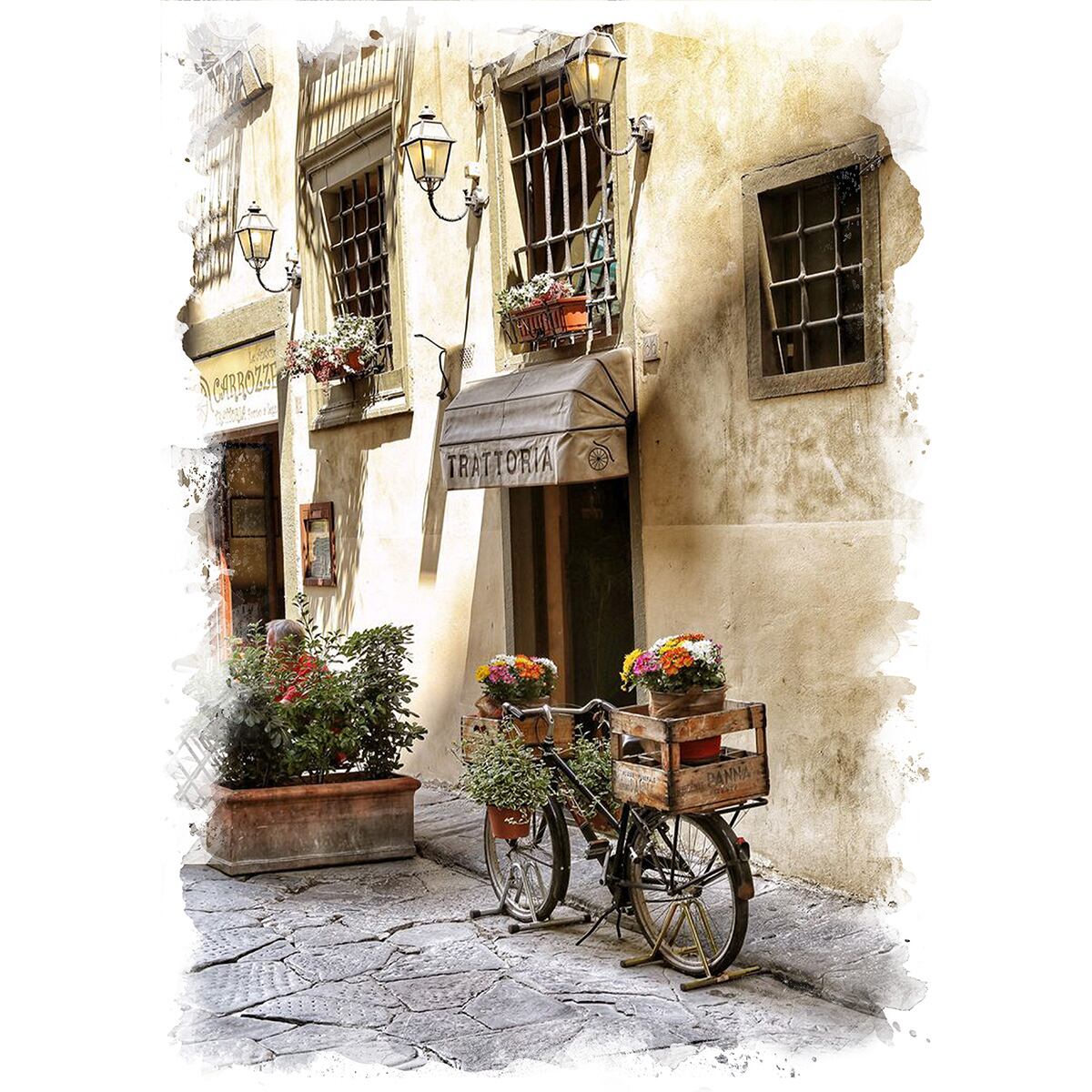 絵画 風景画(街並み) イタリア トラットリアと自転車 インテリアアート額付き 水彩画・油絵風 WAT0726