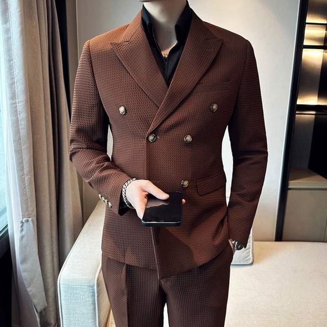 ブリティッシュ　ワッフルダブルブレストスーツ　ツーピース　４カラー　A2133