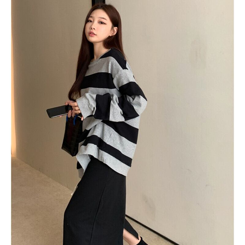 スタイルスタンダードオータムウィンタールーズストライプラウンドネックトップス ハイウェストウェストスカート ロング レトロ 秋物 冬物 Oネック ガールズファッション36364457283