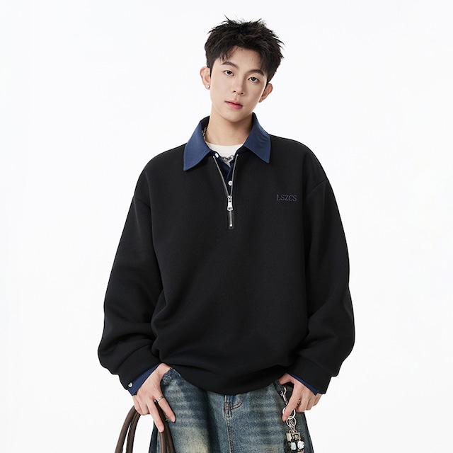 ♥ハーフジップPOLO襟トップス！【V37シリーズ】★POLOシャツ★ ユニセックス 4color トップス フェイクレイヤード