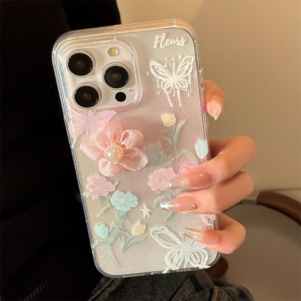 iPhone15対応】お花のデコレーションが可愛い◎クリアケース ラメ背面