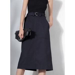 バックパッチポケット ミモレ丈ストレートスカート G0306