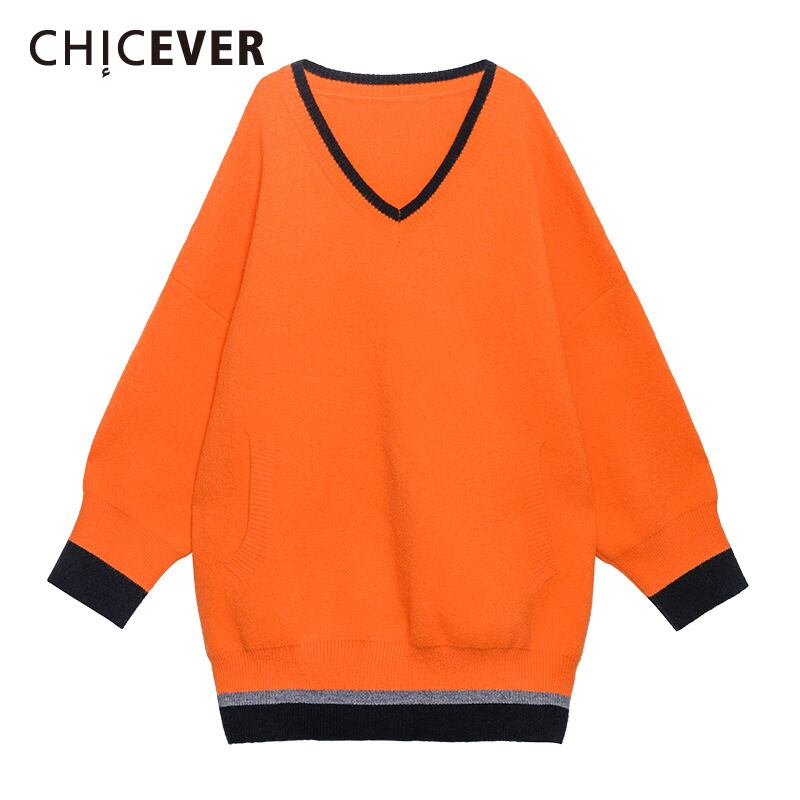CHICEVERセーターレディースVネック長袖ストライプヒットカラールーズオーバーサイズニットセーター2020 ロング 6base569378779205