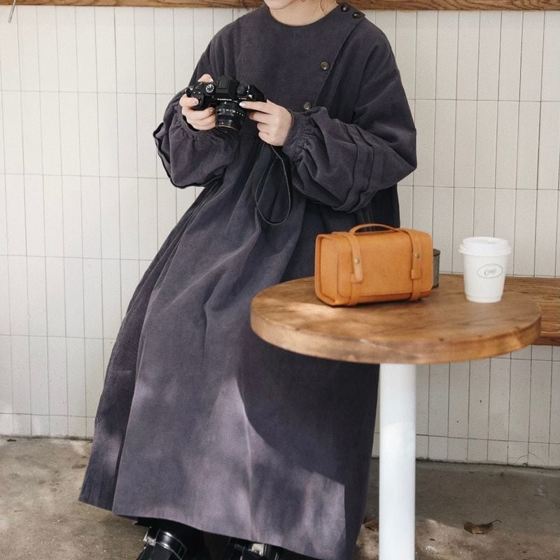 45R コーデュロイワンピース　フリーサイズ ワンピース コーデュロイ フリーサイズ ブラウン 膝下丈 可愛い