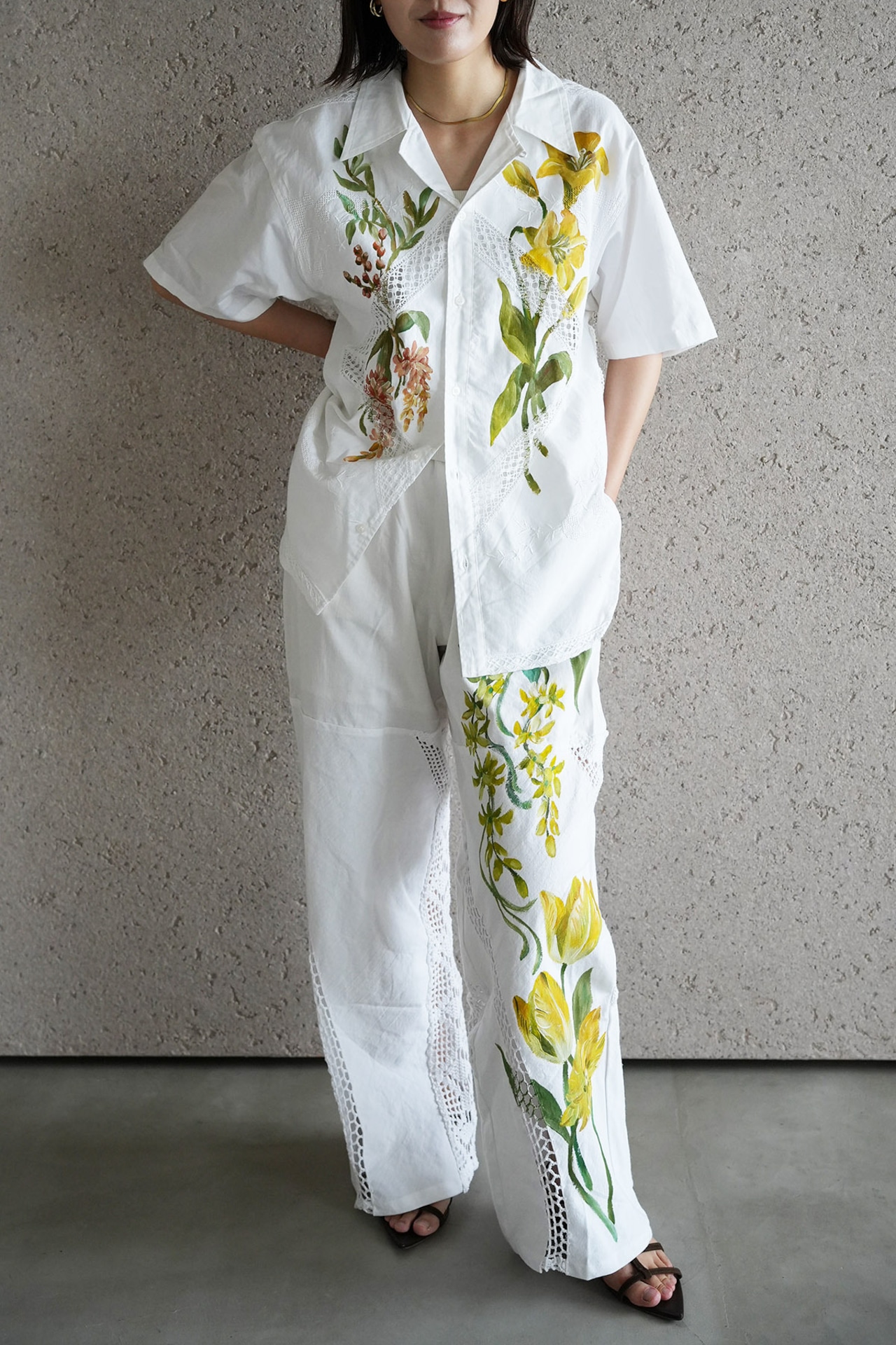 lace open collar shirt yellow lily