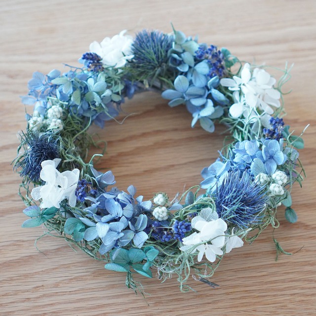 富良野産ラベンダー入りプリザーブドフラワー&ドライフラワーリース S（ブルー&パープル）