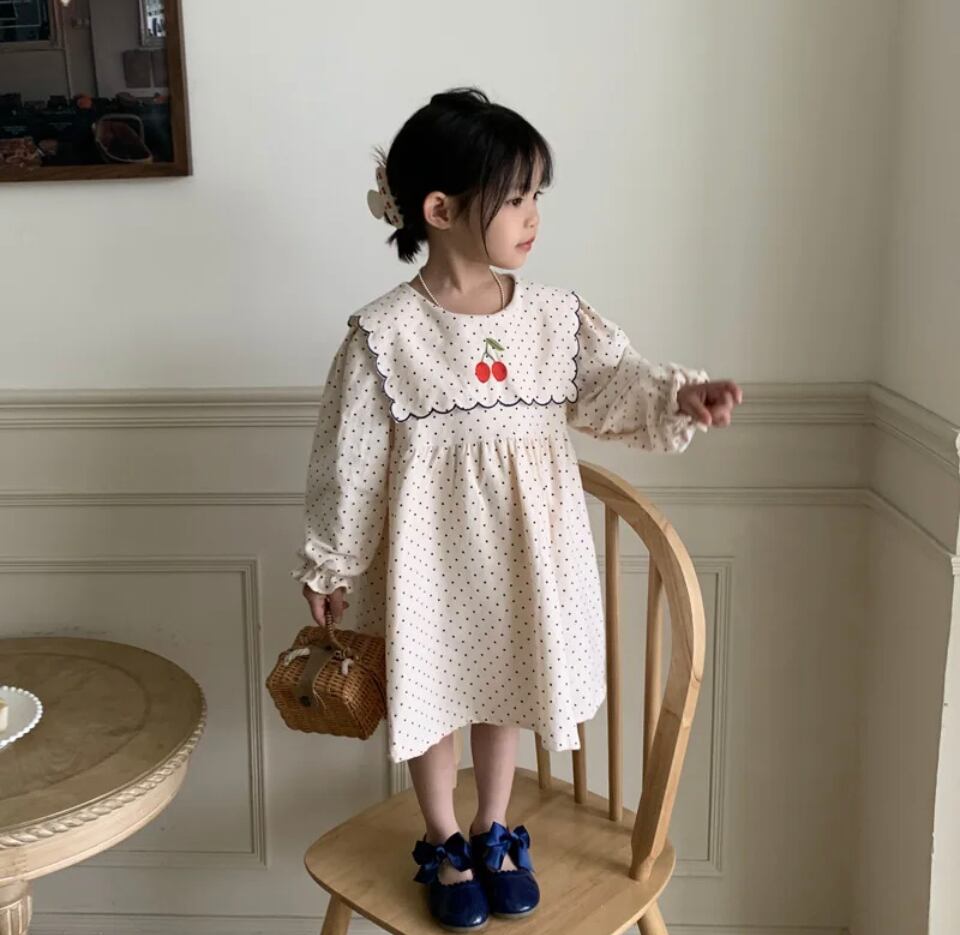 チェリードットワンピース•••••ビッグカラー ナチュラル フォト 撮影 海外子供服 韓国 ガール ベビー キッズ