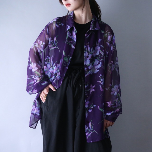 beautiful violet flower art pattern loose silhouette see-through shirt