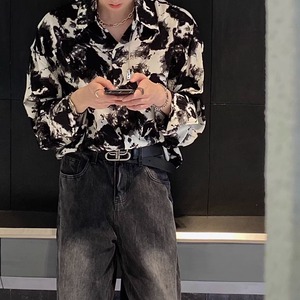 ink wash tie-dye ice silk black and white floral shirt（LMU0218）