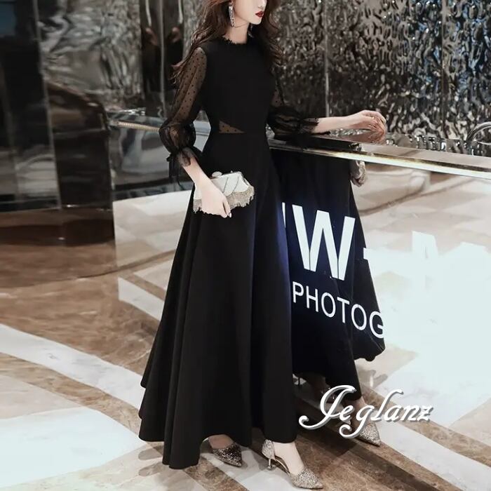 イブニングドレス カットアウト ブラックドレス シアー 異素材 レース 水玉(MB074)ζ