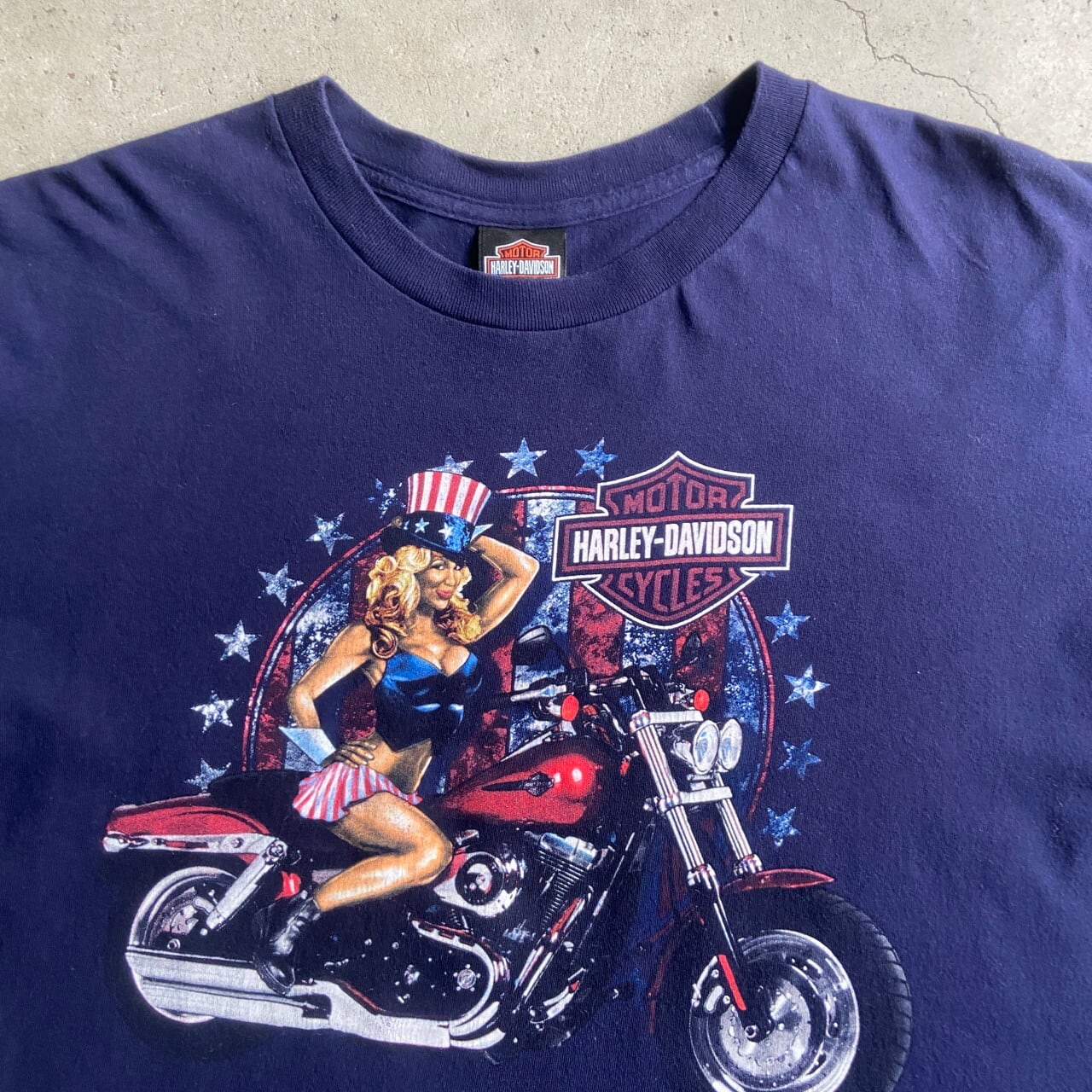 ★ハーレーダビッドソン 両面ロゴデザイン アメリカバイクネイビー 紺Tシャツトップス