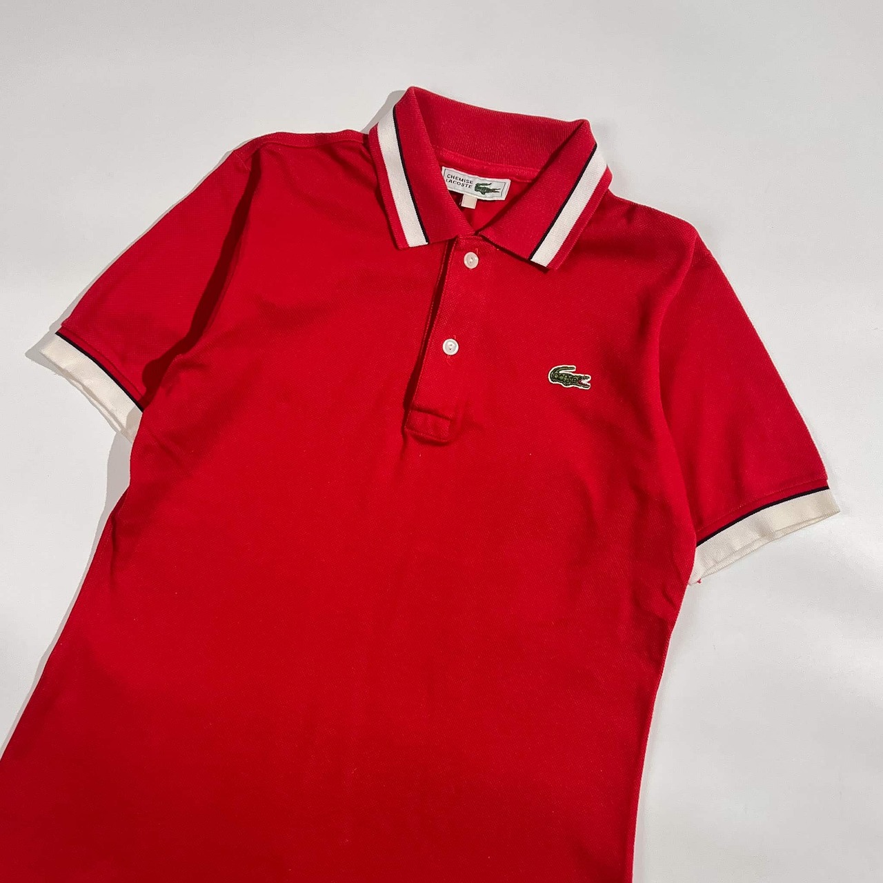 70s CHEMISE LACOSTE シュミーズラコステ 文字ワニ 襟ライン 鹿の子 半袖 ポロシャツ 表記なし /レッド系 レディース ビンテージ