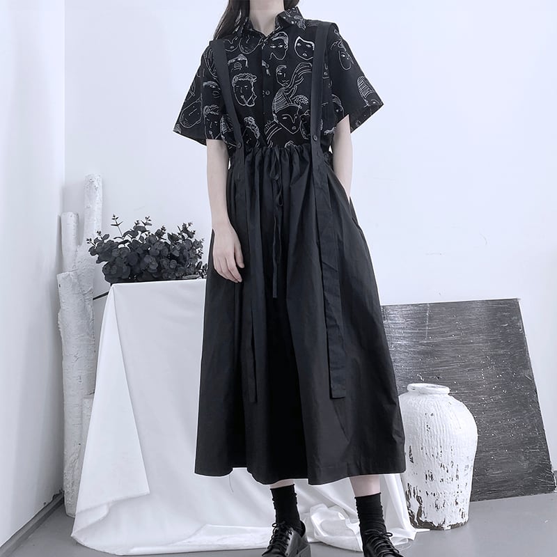 サブカル 服 地雷系 通販 ゴスロリ ツーピース 半袖シャツ サスペンダースカート ハイウエスト dark gothic 闇かわいい 黒ゴス ロング丈 ゴシック ロリータ
