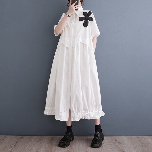 Flower Frill Shirt Dress / フラワー フリル シャツ ワンピース