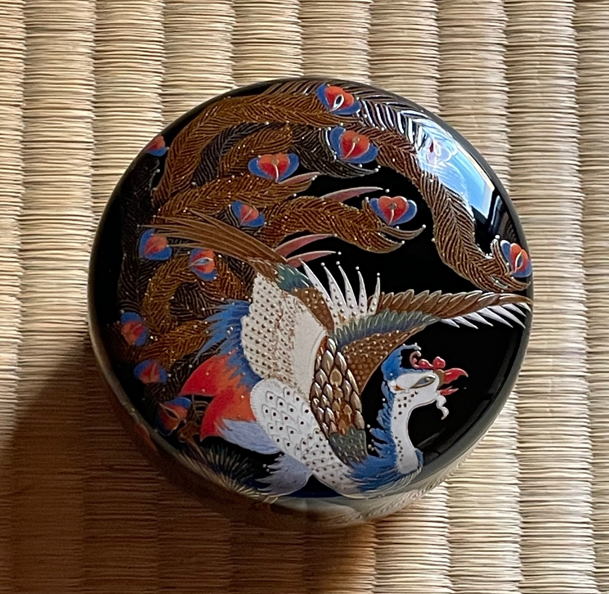 茶道具】麗峰作 青漆双鶴蒔絵平棗 赤黒