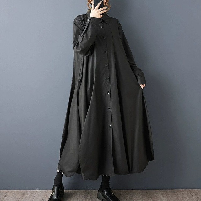 BLACK PETAL FLAP HEM LONG SHIRT DRESS 1color M-15070