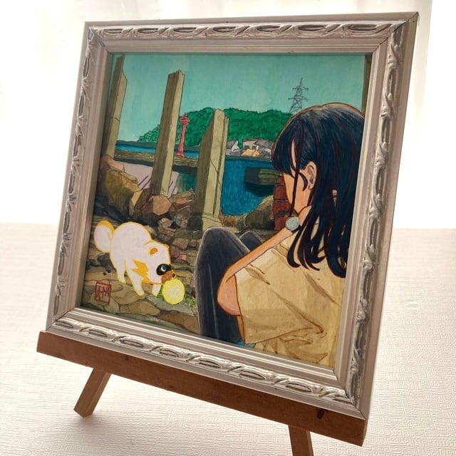 あちゃぽん、一緒にいます」 水彩画 額付き | 竜胆とおひさま