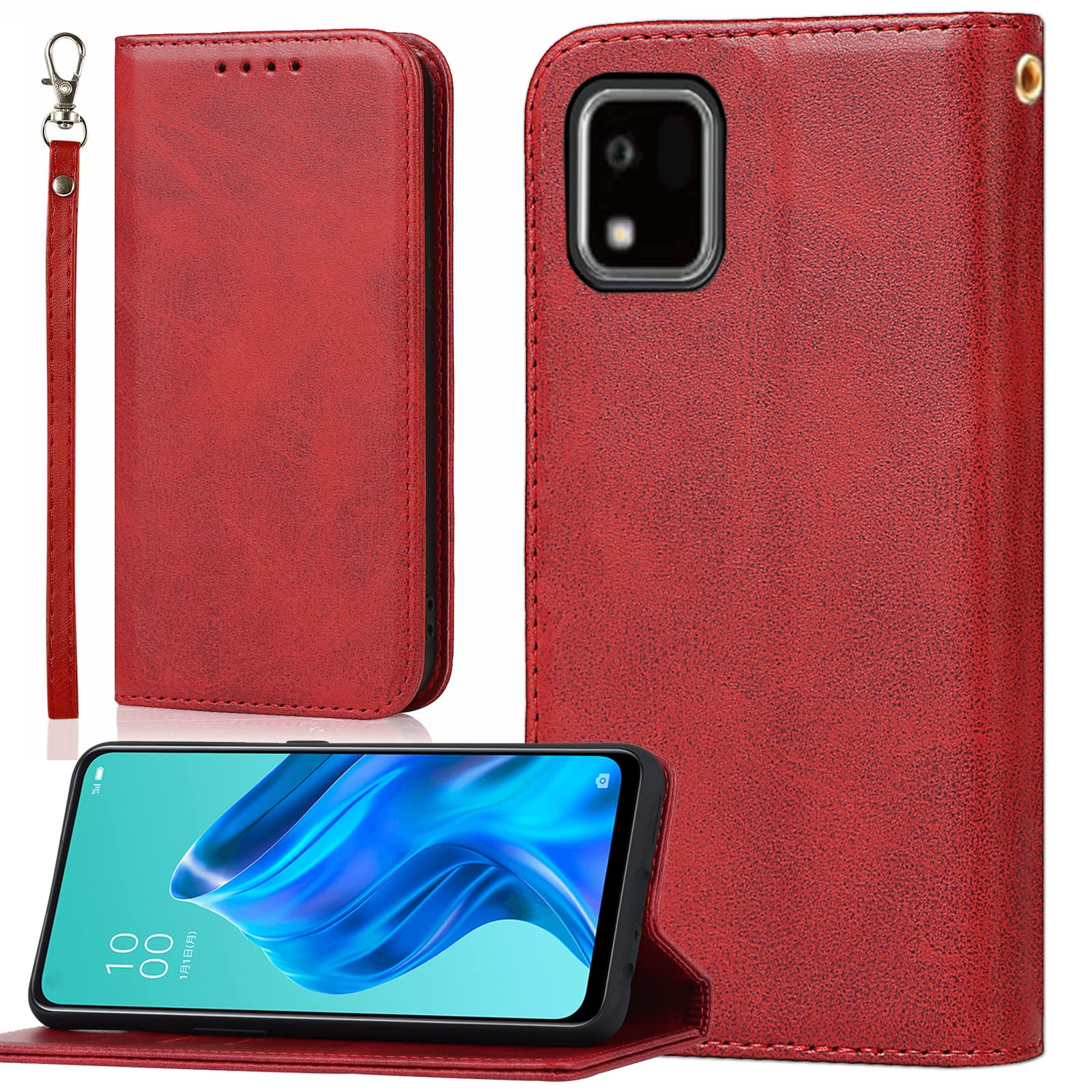 BonwFzin 適用 京セラ かんたんスマホ3 A205KC ケース 手帳型 ストラップ 簡単スマホ3 スマホケース かんたんスマホ3A205KC 手帳型カバー 携帯カバー PU レザー ストラップホール付き マグネット フリップ カード入れ カード収納 スタンド 落ち着いた色 レトロ レッド