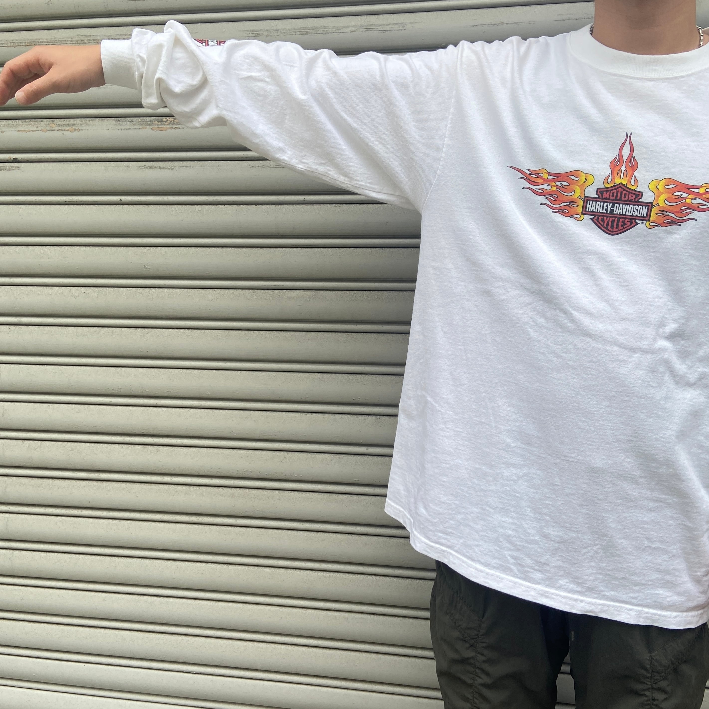 00s ハーレーダビッドソン プリントロンT フレイムパターン 白 XL相当