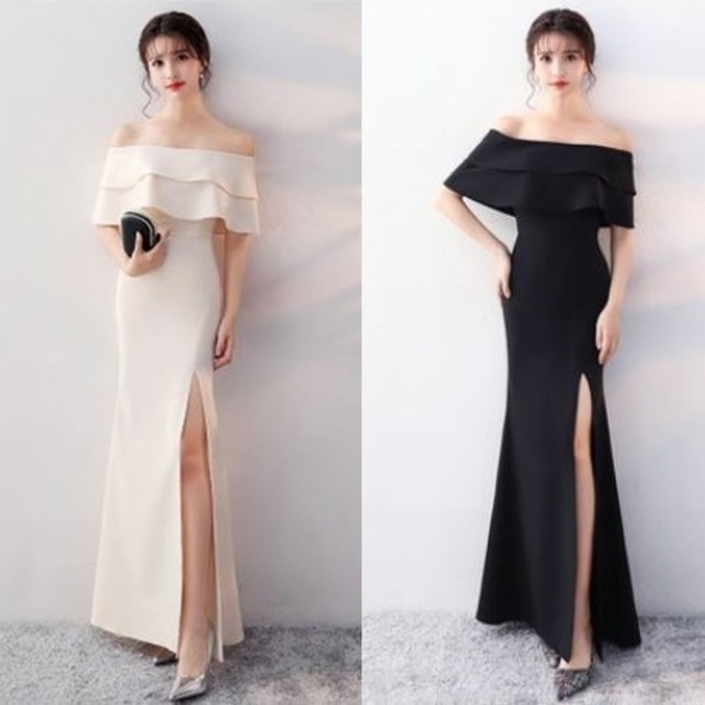 パーティードレス フリル オフショルダー マキシ丈 タイト スリット ロング 無地 セクシー フェミニン エレガント パーティー 女子会 結婚式 二次会 お呼ばれ ワンピース フォーマル 2018年新作 婚活パーティー 披露宴 ウェディング 演奏会
