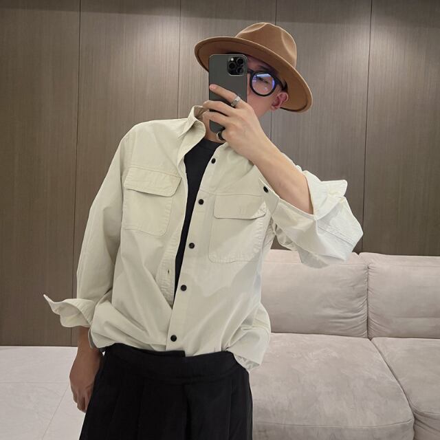 【予約販売】シャツ 長袖 無地 シンプル ベーシック メンズ ホワイト カーキ ブラック ブラウン カジュアル こなれ感 お洒落 韓国 トレンド 春 秋 M/L/XL/2XL