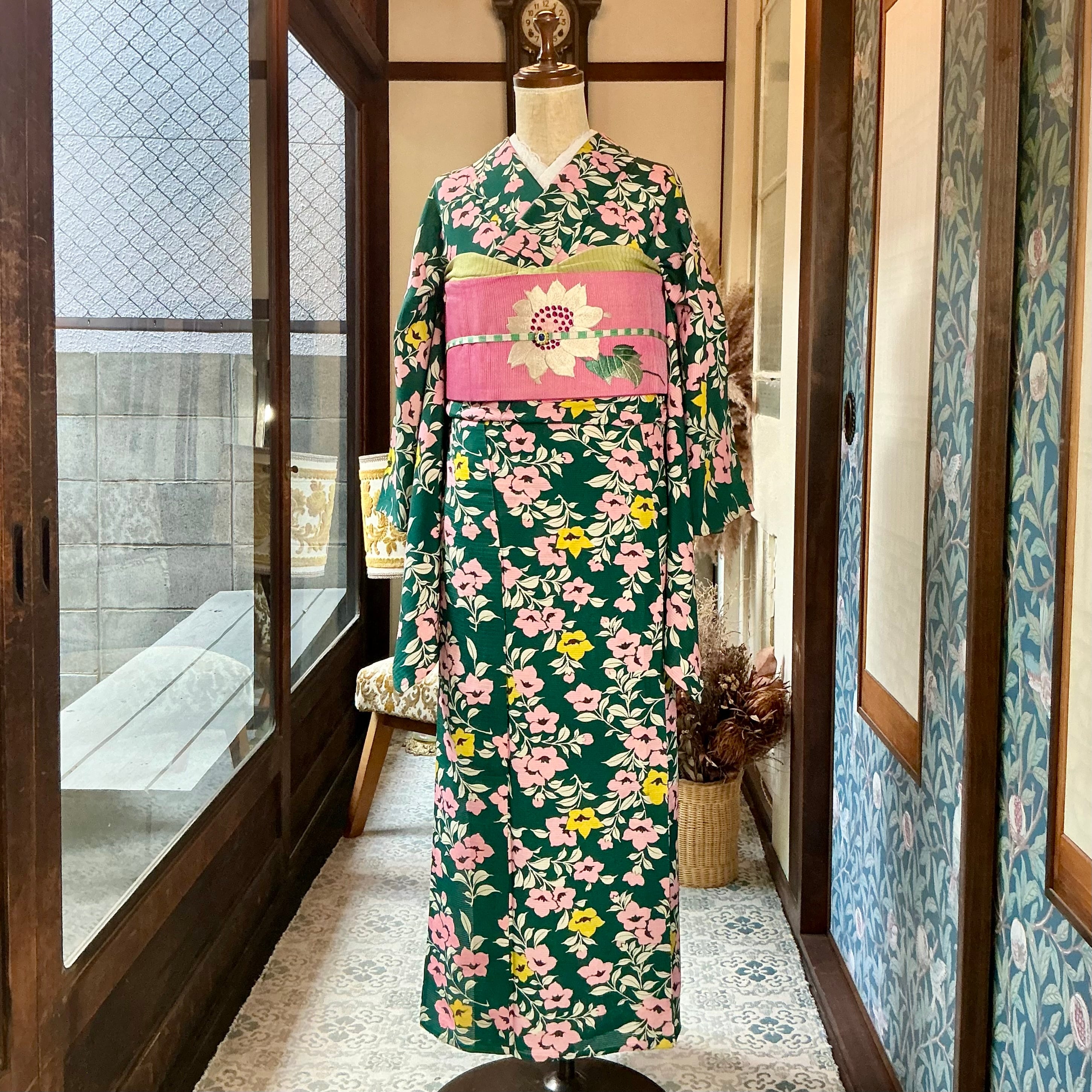 アーバン・ボタニカル＊夏着物 絽 桔梗 花 小花 グリーン アンティーク