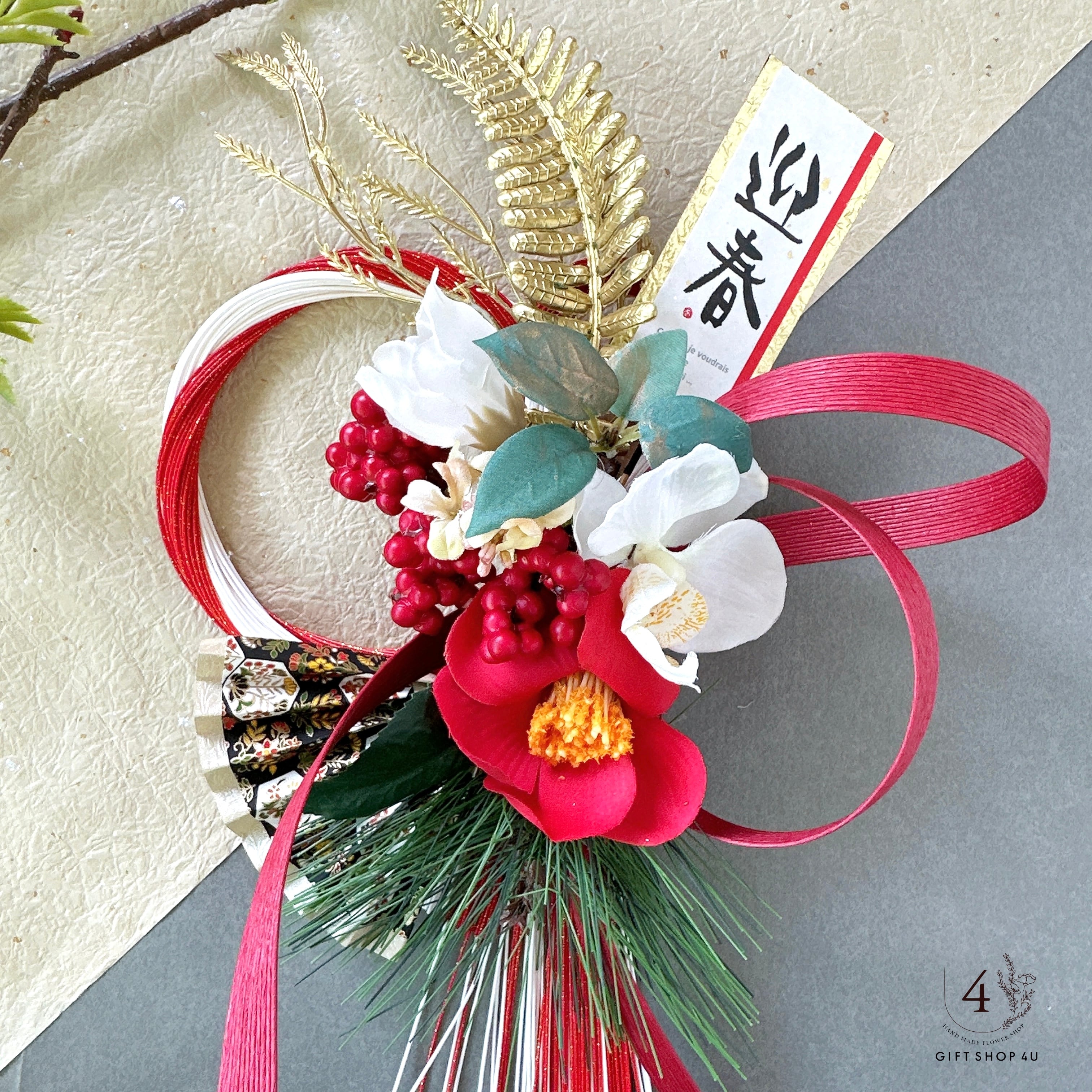 お正月】紅椿陽光水引飾り（ホワイト×レッド）おしゃれ 扇 正月飾り 椿