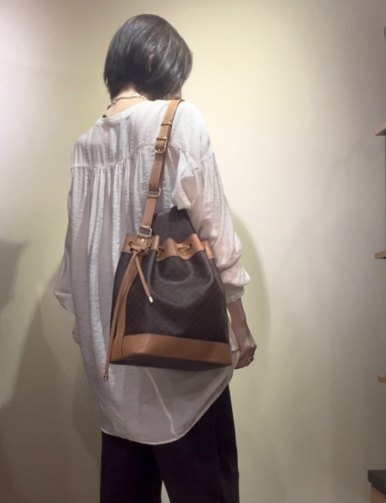 ✨美品✨オールドセリーヌ　ドローストリング　リボン　ショルダーバッグ SALE【CELINE】1868 OLD CELlNE マカダム柄 ドローストリング